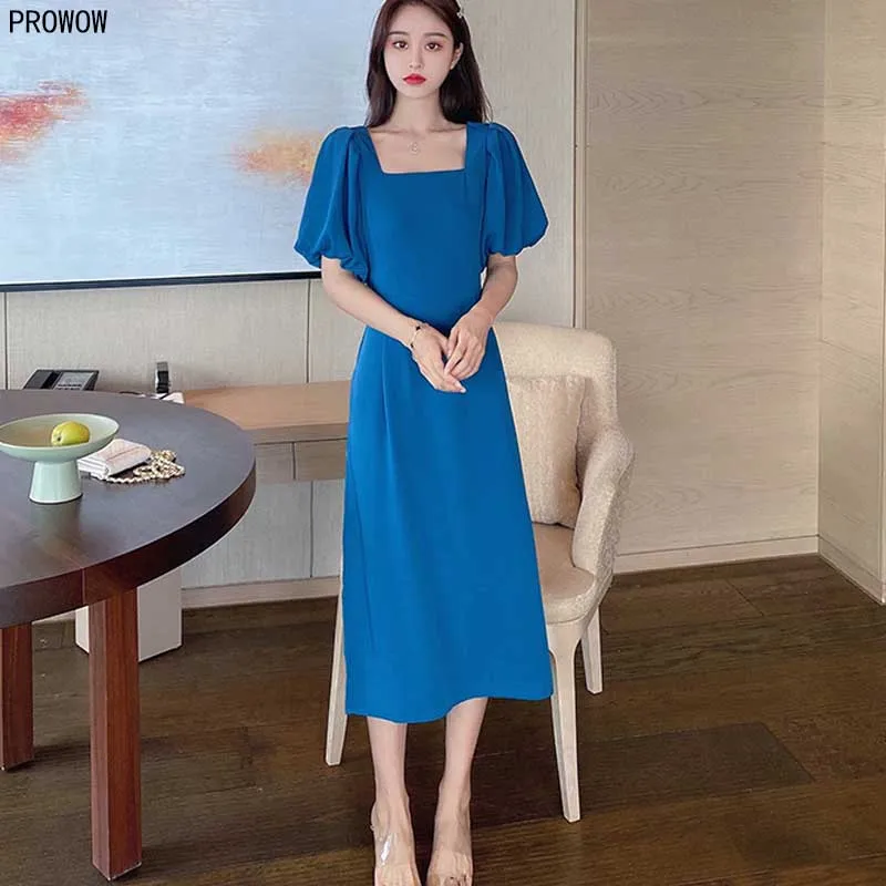 Elegant Party Ladies Dress Summer Fashion Square Collar Puff Sleeve Waist Midi Dress Women Korean Retro Chic Office Dresses 2020