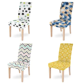 

1PC Geometric Spandex Chair Covers Printed Elastic Seat Cover Slipcovers For Dining Room Wedding Banquet Hotel Kitchen Office