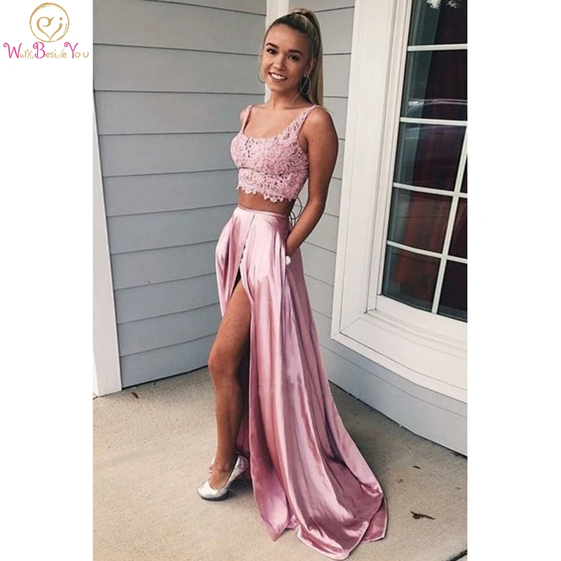 

Розовое Кружевное Платье-двойка с высоким разрезом и карманами с кружевной аппликацией, без рукавов трапециевидной формы