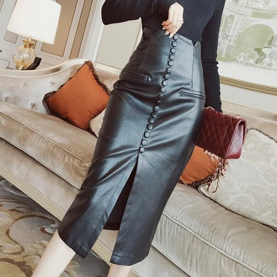 

Single-breasted long PU leather skirt female autumn and winter New Korean fashion split high waist hip skirt tide free ship