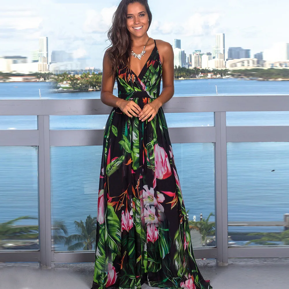 Vestido largo bohemio de hojas de jungla tropical multicolor Sky blue Vestido largo bohemio de hojas de jungla tropical multicolor Sky blue
