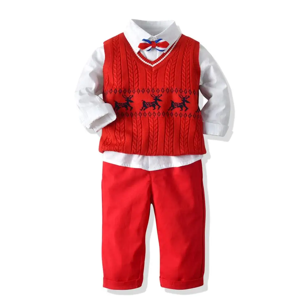 Комплект одежды для маленьких мальчиков, Рождественский костюм для малышей, штаны, рубашка детский костюм для отдыха из 4 предметов детская одежда в подарок на Рождество для детей возрастом от 1 года до 4 лет