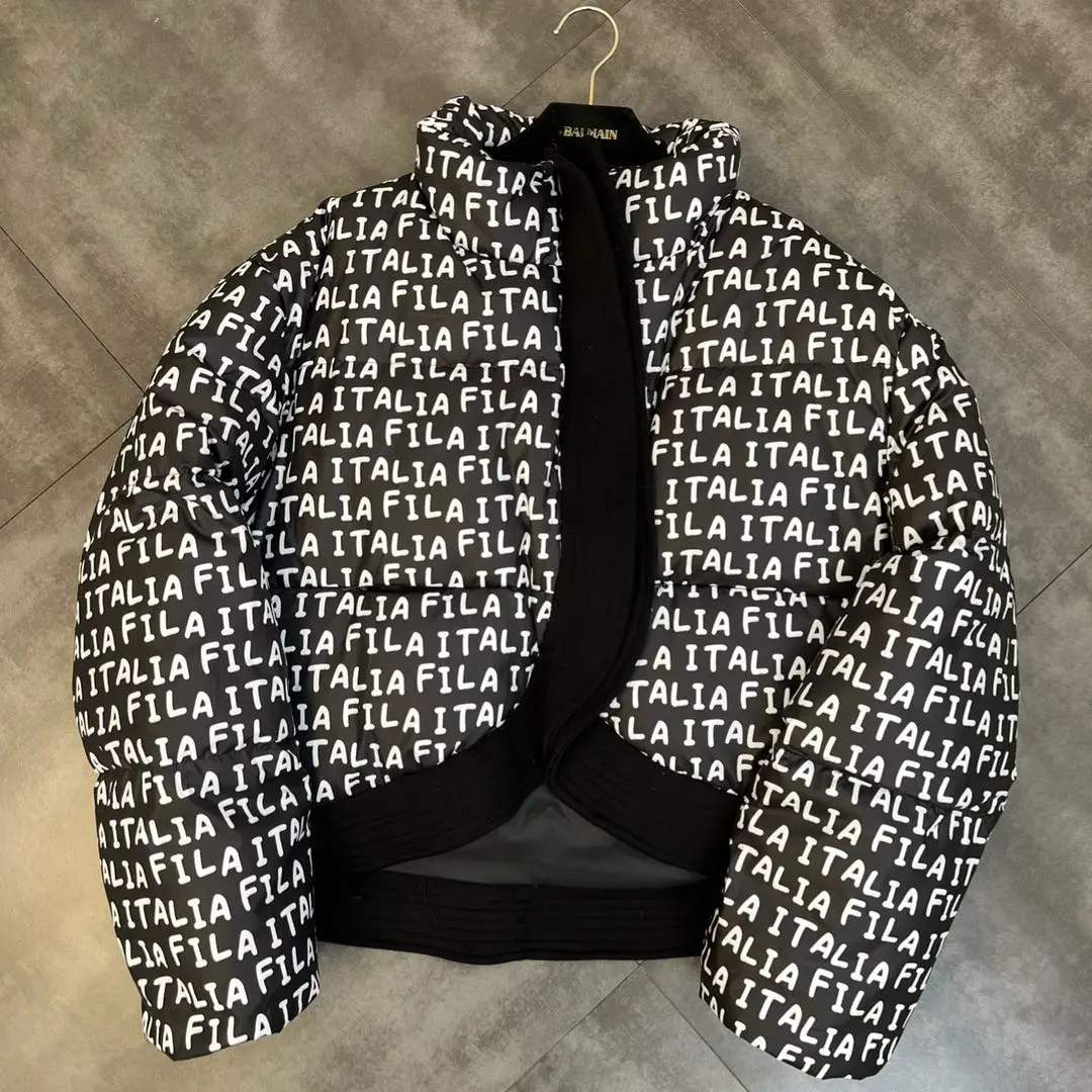 

2021 winter women's jacket new stand-up collar long-sleeved color-block letter three-dimensional placket white duck down jacket