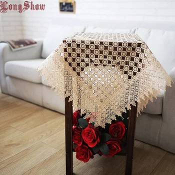 

Home Hotel Decorative 85x85cm Square 100% Polyester Gold Color Embroidered Hollow Out Design Table Cover