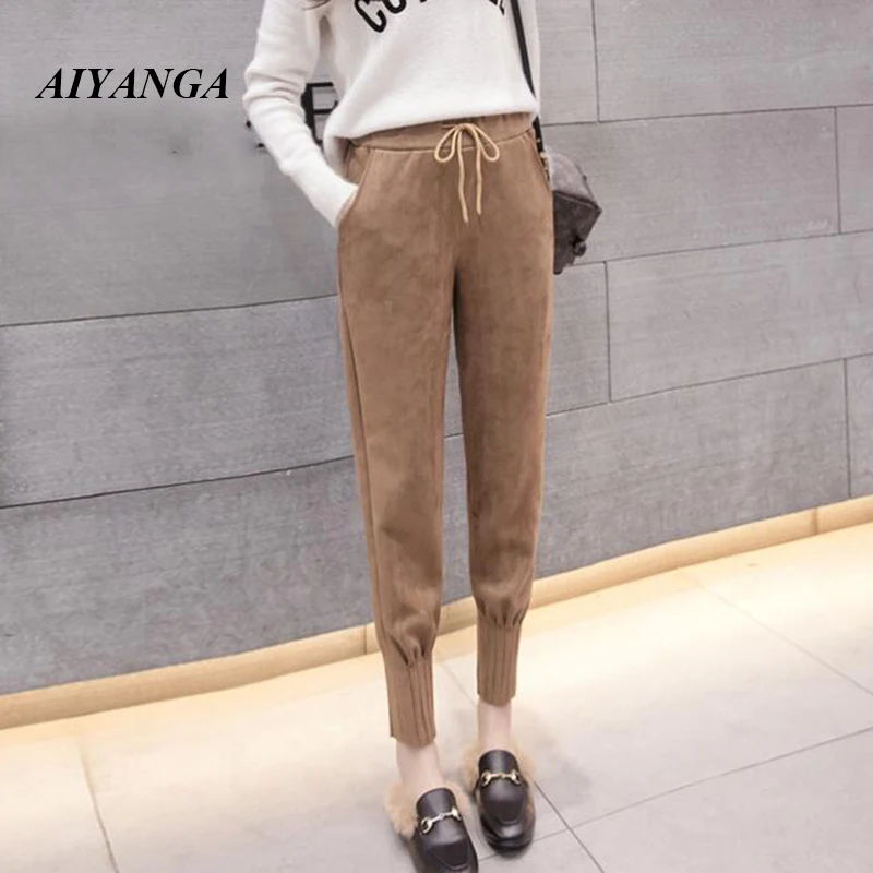 

2022 Spring Streetwear Women Pants Elastic High Waist Faux Suede Harem Pant Casual Ankle Length Trousers Womens pantalones mujer