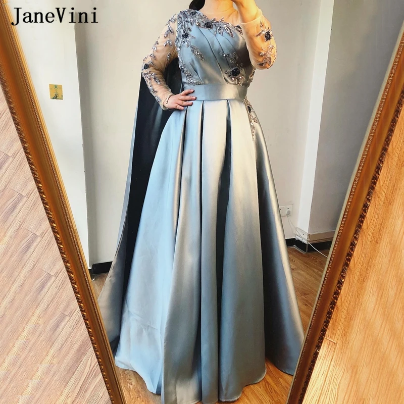 

JaneVini Luxury Satin Muslim Evening Dresses with Long Sleeves 2020 Sheer Neck Beading A Line Plus Size Arabic Women Dinner Gown