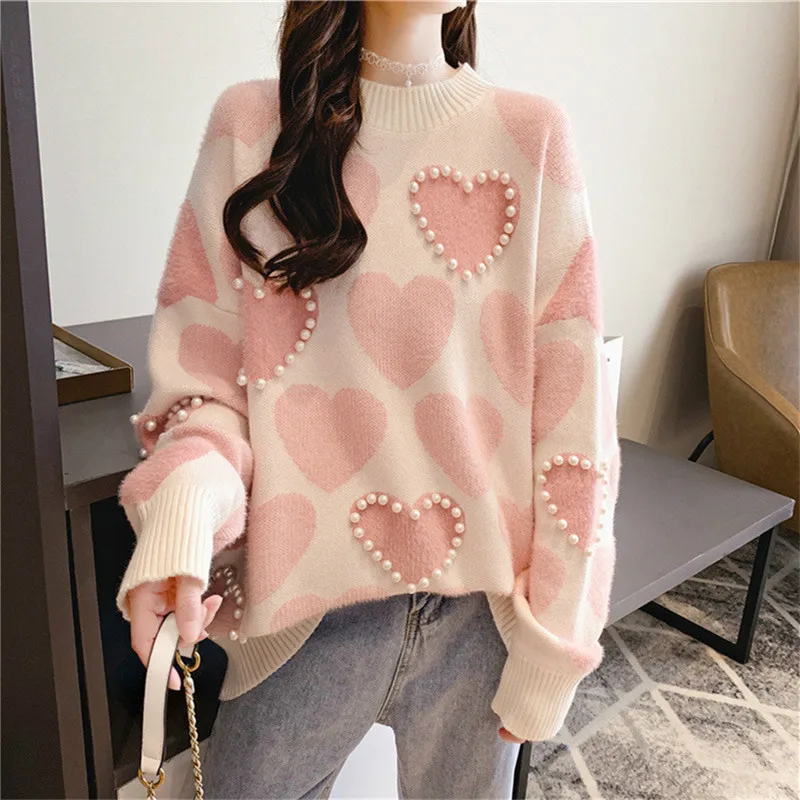 

NCLAGEN Cute Heart Embroidered Pearl Women Wool Sweater Long Sleeve Loose Casual KPOP Pullover Street Fashion Girl Sweaters Top