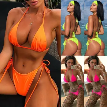 

2020 Women Bikini Set Sexy Pure Swimwear Neon Orange 2Pcs Padded Bra Bandage e Swimsuit Push-up Bathing Suit Modern Lady