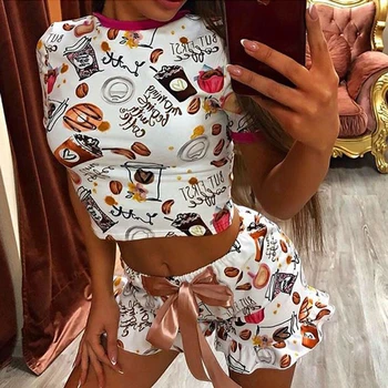 

2020 New Summer Pajamas Set For Women Cartton Print Nightwear Round Neck Sleepwear Simple Home Clothes Pyjamas