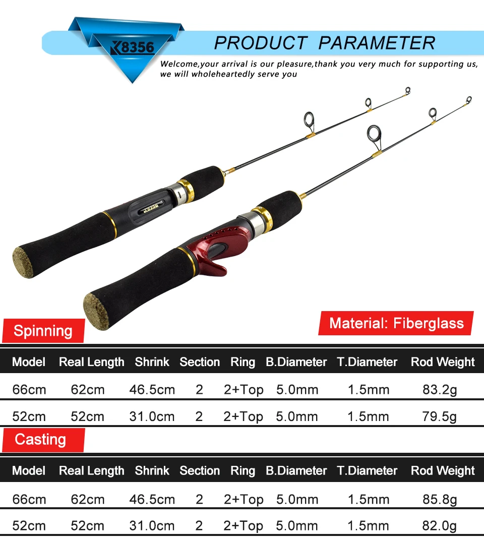 K8356 FRP Winter Ice Fishing Rod 2 Section CastingSpinning Fishing Pole Ultralight Stitching Tackle Fish Accessories 52CM 66CM (7)