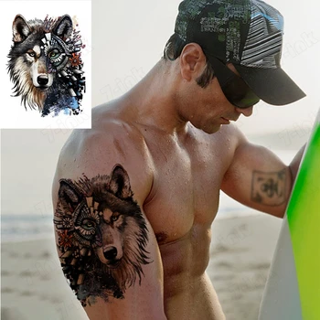 

Waterproof Temporary Tattoo color Half face mechanical Wolf Water Transfer Tatto fake flash Tatoo for man woman