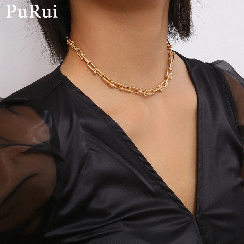 Punk Cuban Link Chain Choker Necklace for Women 2Pcs/Set Hiphop Gold Color Metal Statement Bracelet Collar Jewelry | Украшения и