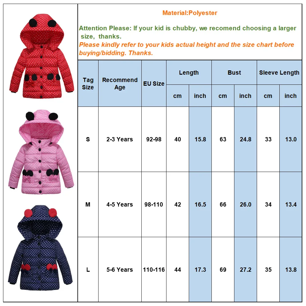 Girls Winter Coat Hooded Dot Animal Design Puffy Jacket