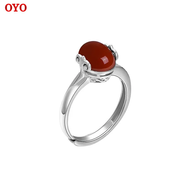 

s925 silver inlaid southern red agate open ring female country tide Chinese style personality design live mouth ring