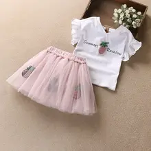 Ensemble deux pièces en coton coréen pour filles, t shirt + jupe à manches courtes en dentelle ananas, vêtements pour enfants, été 2022