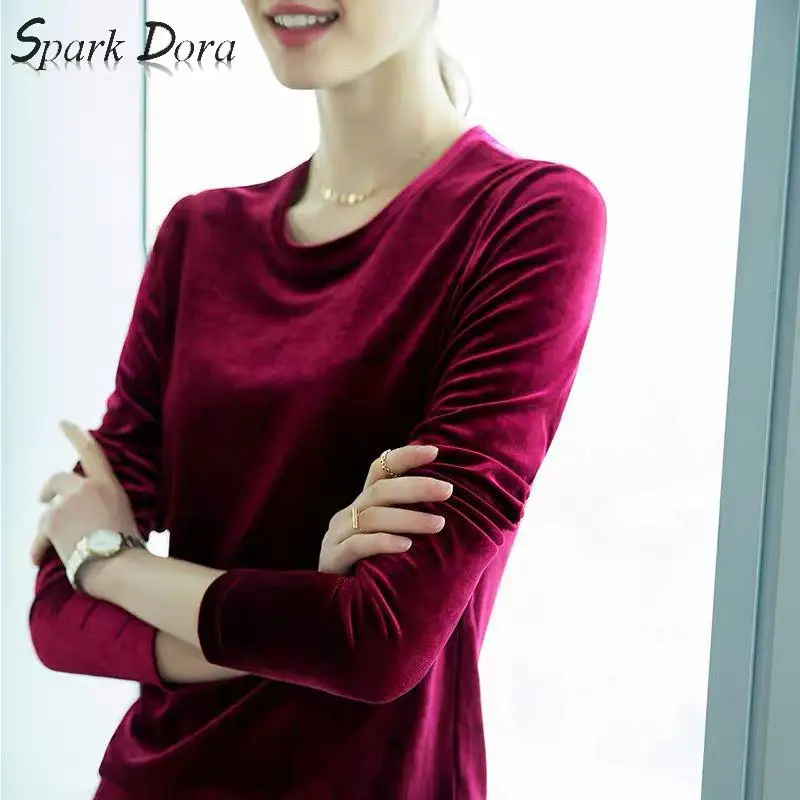 

SparkDora High quality Women sexy Blouse Spring and Autumn Long Sleeve velvet Shirts Casual Tops plus size Feme Winter Blusa