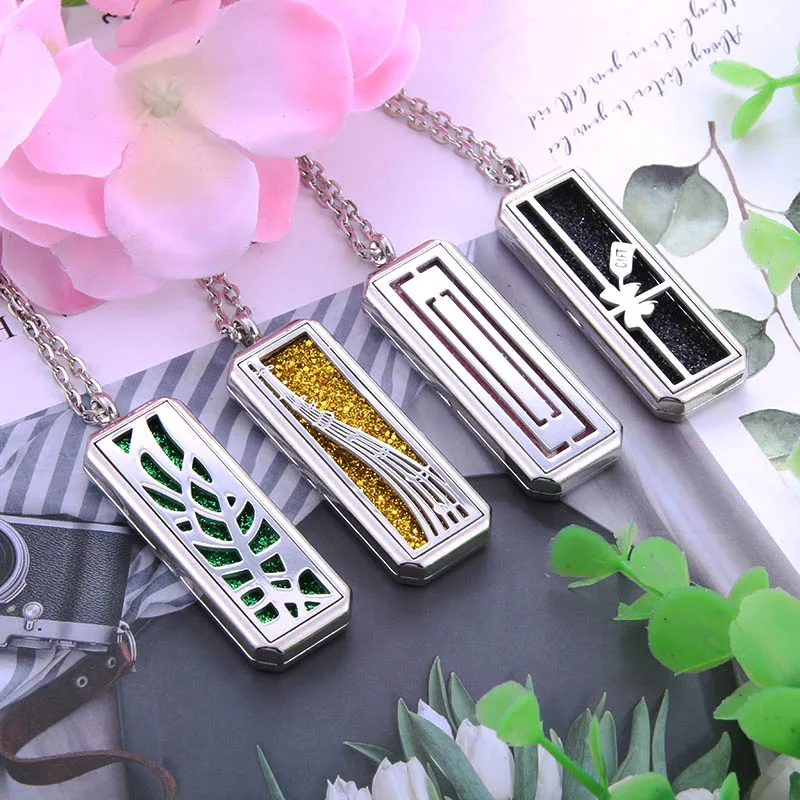 

New Stainless Steel Aromatherapy lockets Silver Rectangular Perfume Necklace Essential Oil Diffuser open locket Christmas Gift
