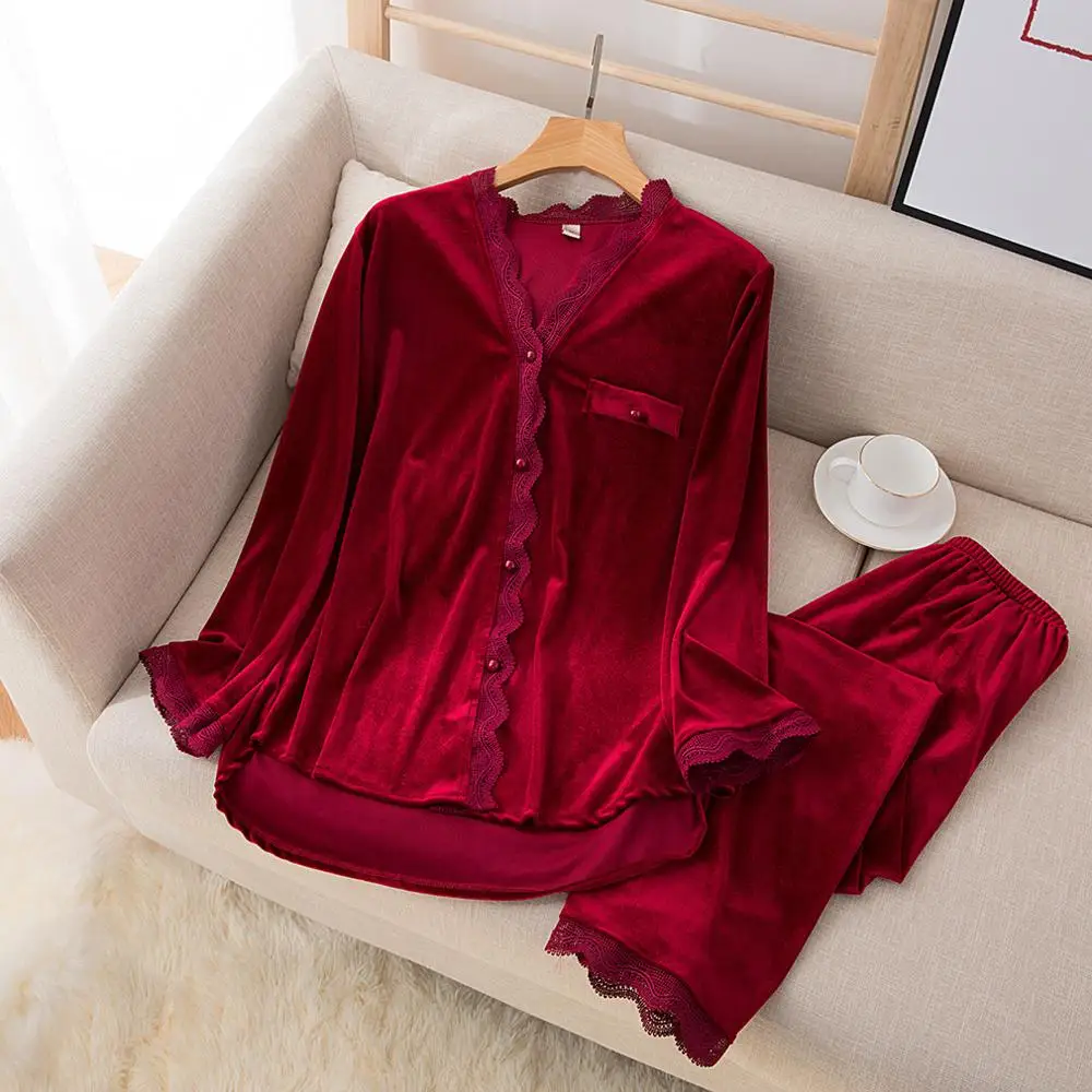 Fdfklak Autumn Golden Velvet Pajamas For Women Pyjamas Set Sleep Suit Long Sleeve Two Pieces Pijama Feminino Black/White