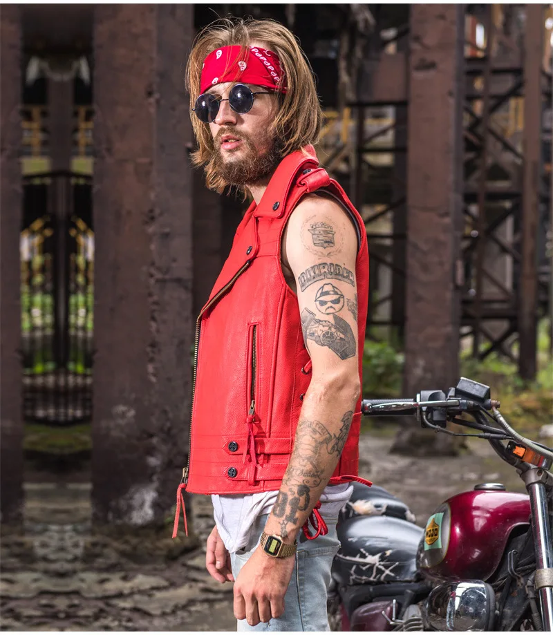 Красный мужской американский кожаный жилет мотоциклиста плюс размер XXXL натуральная Толстая воловья тонкая Байкерская кожаная жилетка