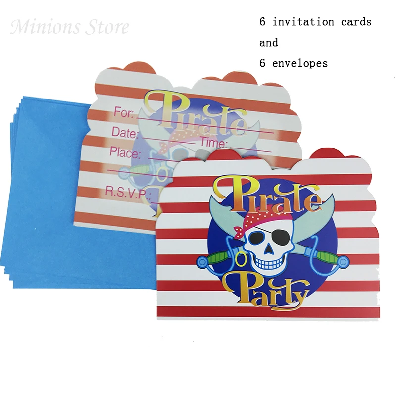 6pcs/lot New arrived cute Pirate Cartoon Invitation Card with envelope for Kids Girl favors Happy Birthday party supplies&decor