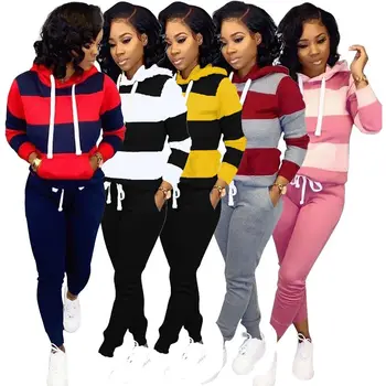 

Two Piece Set Women's Tracksuits 2019 Autumn Winter Women Striped Hooded Sweatshirt and Pants Set Sport Suits Pockets Sweatsuits