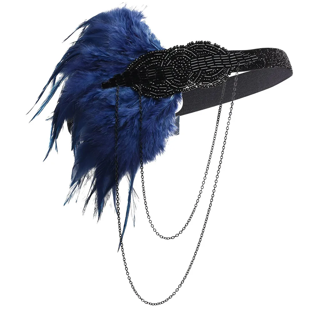1920s большой Гэтсби Кристалл головной убор роскошный Хлопушка девушка Коктейльная цепь Винтаж перо оголовье Ревущие 20s вечерние аксессуары - Цвет: Blue