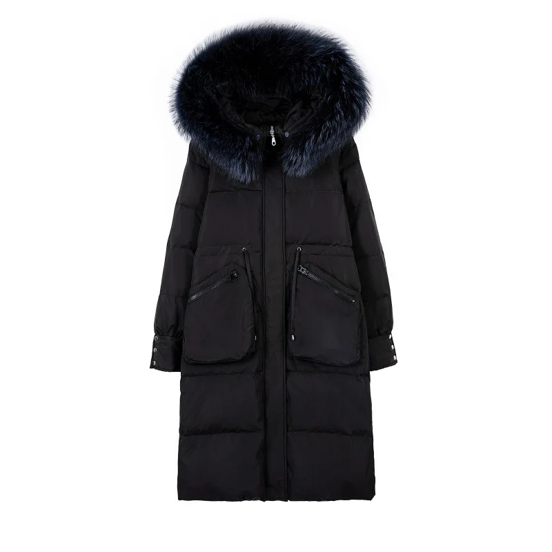 Зимнее пальто, женская длинная куртка, женская теплая парка, пуховик с воротником из натурального меха енота и лисы, PP331 - Цвет: Черный