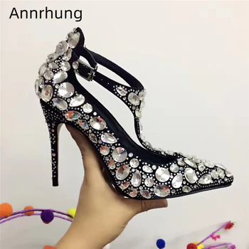 

Jeweled Diamond T-strap Wedding Shoes Woman 10cm Thin Heel Pointed Toe Sexy Peep Toes Rhinestone High Heel Pumps Women