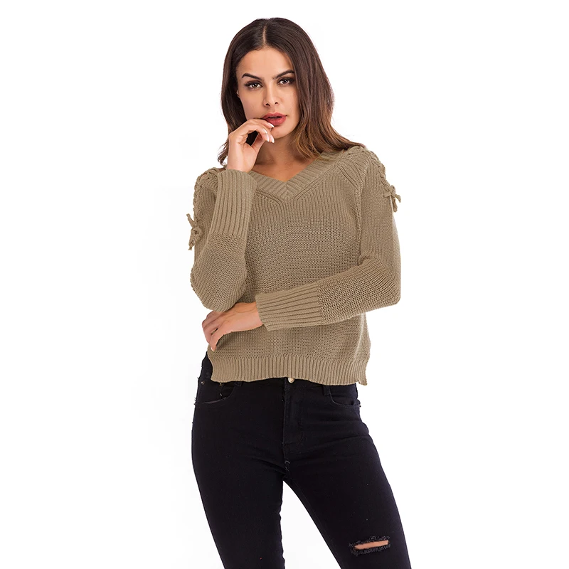 

Europe and The United States New Autumn and Winter V-neck Stitching Solid Color Bandwidth Loose Hooded Sweater Shirt Women