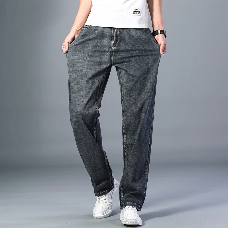 New Classic Stretch loose straight denim trousers male brand pants plus size 40 42 44 men's thin blue jeans advanced,denim pants,denim trousers