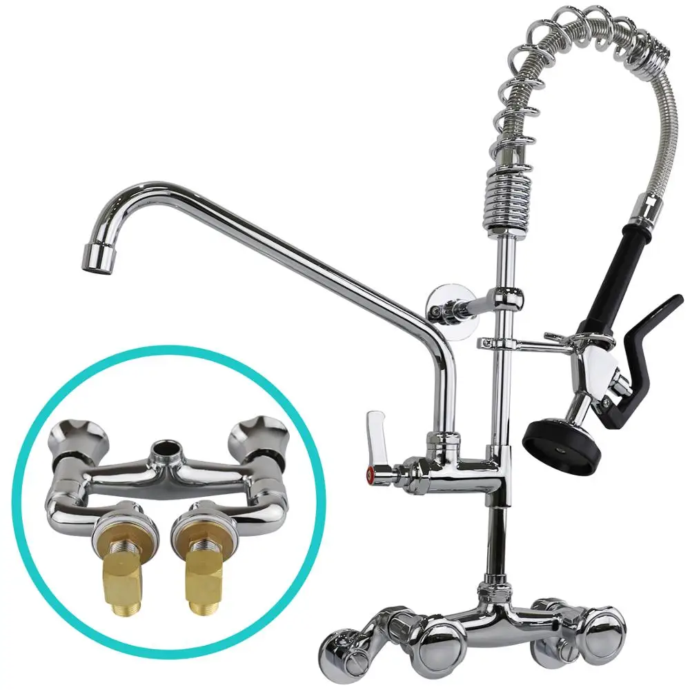 

Commercial Faucet Wall Mount Pre Rinse Faucet with Sprayer 26" Height Adjustable 4 to 8" Center with 8 Inch Add-on Spout