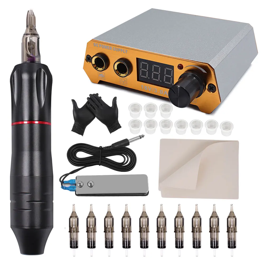US $24.47 Professional Tattoo Rotary Pen Tattoo Kit 10pcs Cartridges Machine Mini Power Set Tattoo Studio Supplies