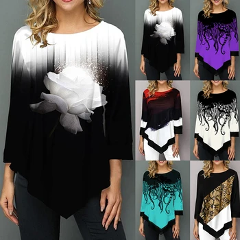 

2019 Floral Printed Women Shirt Asymmetric Hem Autumn Blouse Shirt For Woman Flower Print Tops O Neck Casual Tops Female Camisa