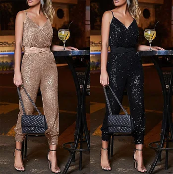 

2020 New Style V-neck Camisole Backless Casual Slim Sequin Pants Ladies' Slim Fit Bronzing Jumpsuit