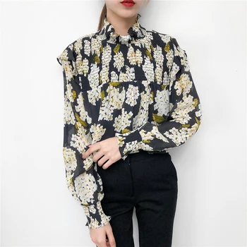 

Spring summer hydrangea 100% Silk shirt pleated bract collar long sleeve Women shirt