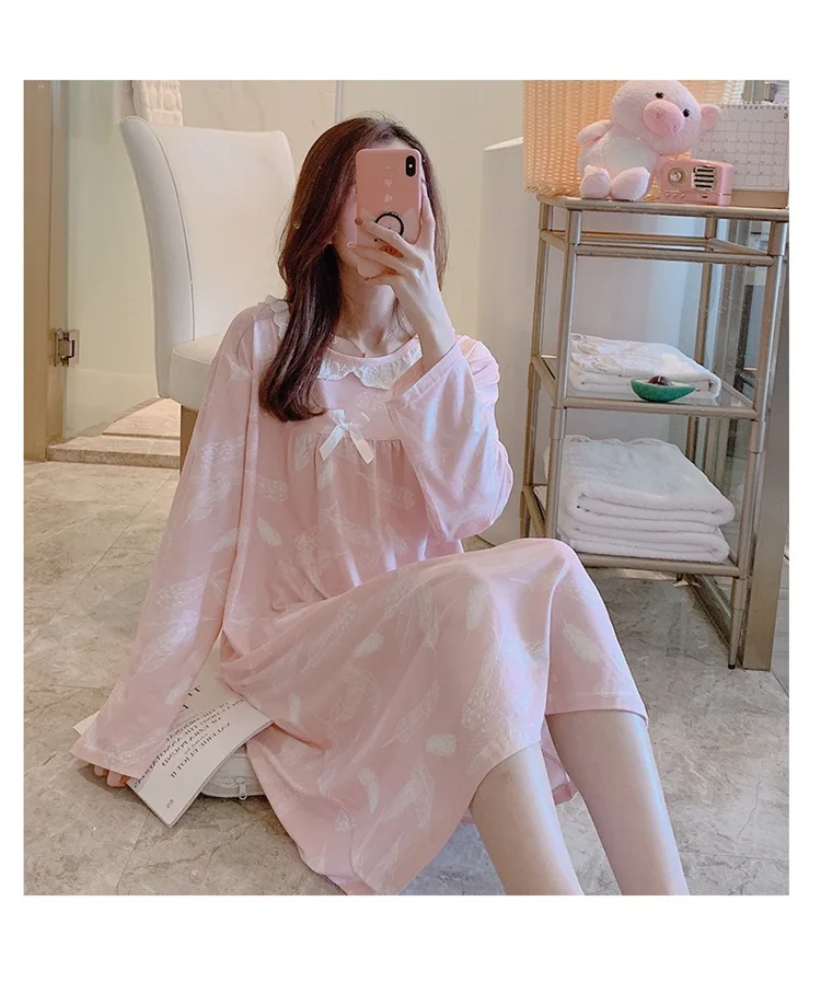 Spring Autumn Casual Plaid Cotton Nightgowns for Women Long Sleeve Loose Night Dress Home Dress Sleepwear Nightdress Nighty