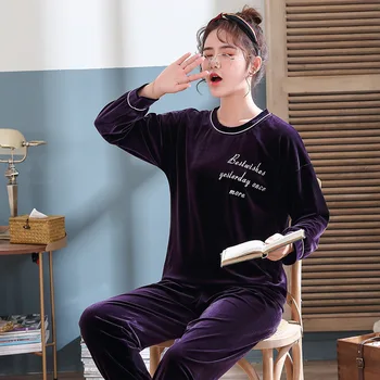 

Round Neck Female Full Sleepwear Comfortable Winter Keep Warm Casual Soft Lingerie Nightwear Velour Pajamas Suit Sleep Set
