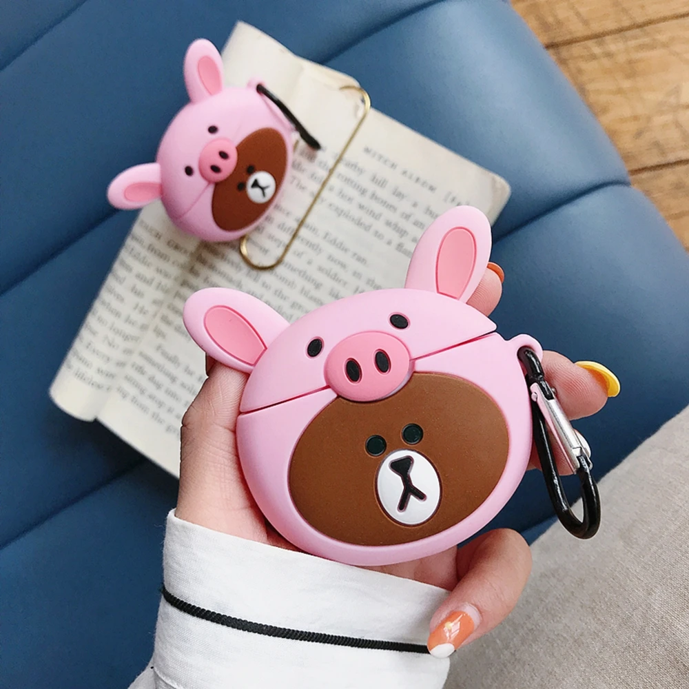 

Cartoon Silicone Bluetooth Earphone Case For Apple AirPods Cute Pig brown bear Protection Cover For Air Pods Charger Box + hook