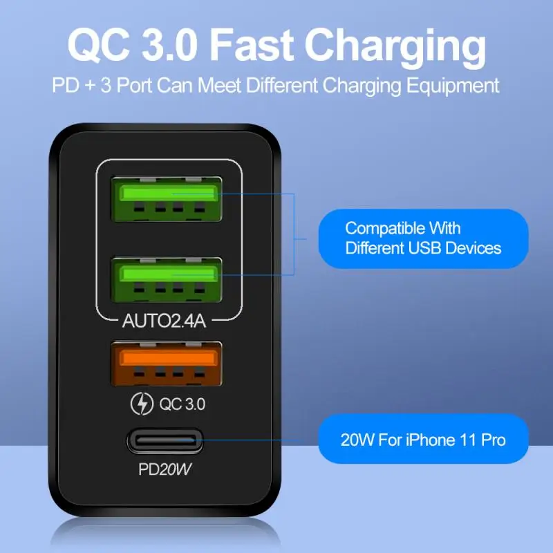 5v 3a usb c US/EU/UK Fast Charge Mobile Phone Charger Multi-port USB with PD Charging Head Fast Power Charger PD20W+QC3.0 2.4A Dual USB quick charge usb c