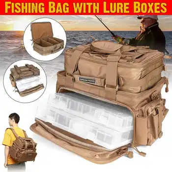 

Large Capacity Fishing Bags 1200D Oxford Fabric Waterproof Storage Bags with 2 Fishing Lure Boxes for Outdoor Fishing Activities