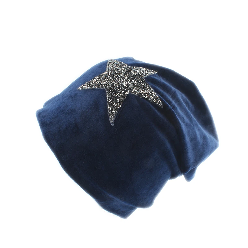 Новая мода бархатные Skullies Beanies Зимние шапки для женщин Звездный дизайн громоздкая шапочка женские шапки