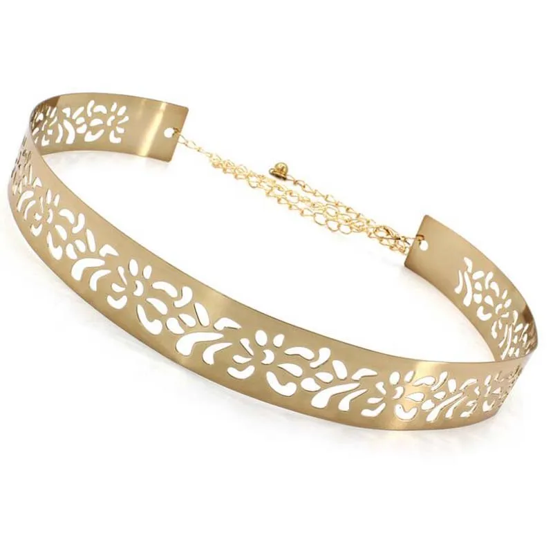 Gold 3 Exquisite Gold Silver Wide Belt Women Glossy Metal Belt Fashion Hollow Out Cummerbunds All-match Waist Chain Clothes Waistband - Цвет: Gold 3