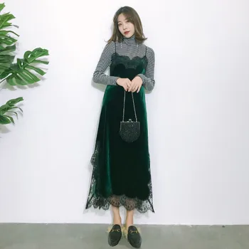 

Velvet Suspender Dress Autumn Women Elegant Lace Bottoming Long Velvet Dress 2019 New Sleevless Split Spaghetti Strap Dress