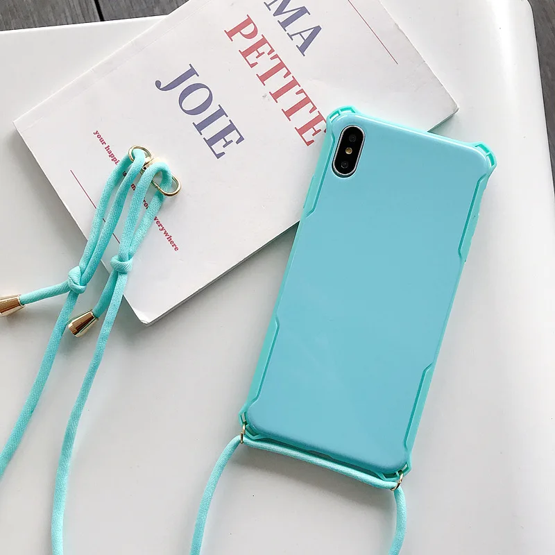Для iPhone 11 мобильный телефон Веревка ожерелье шнурок плечо Веревка конфеты сплошной цвет чехол для мобильного телефона для iPhone XR 11 Pro Max XS - Цвет: Синий
