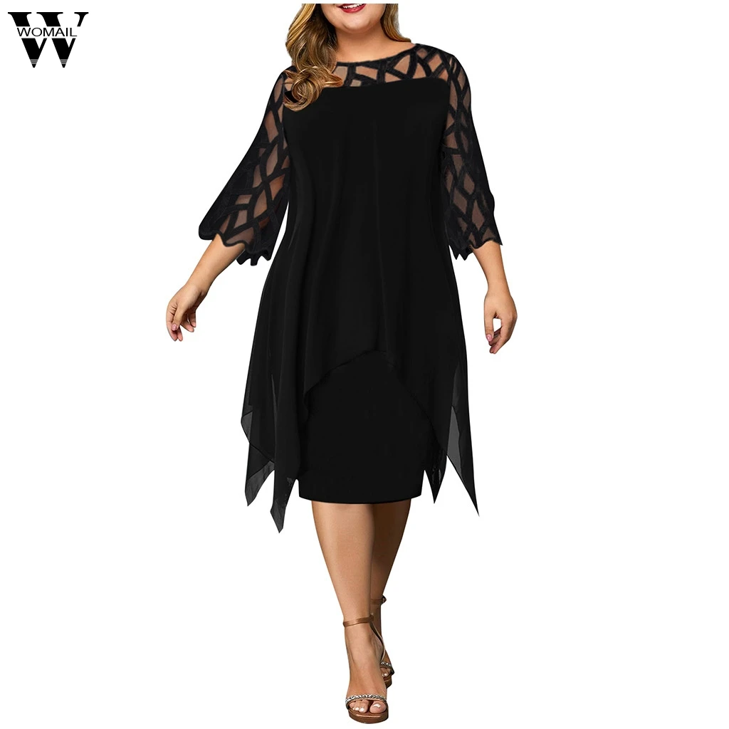 Womail Dresses Openwork perspective mesh chiffon double-layer large size dress Hollow Out O-Neck Casual Dress woman Vestidos N11