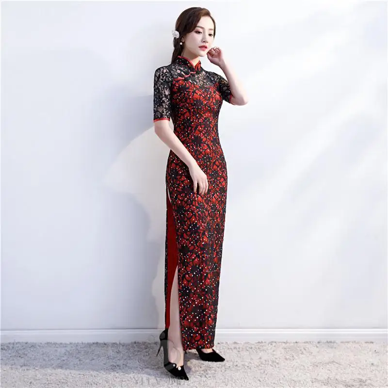 Элегантное женское тонкое платье Cheongsam с блестками, сексуальное вечернее платье, винтажное кружевное платье для сцены, китайский стиль, банкетное платье Qipao 3XL - Цвет: Style G