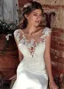 Customized Scoop Short Sleeve Lace Appliques Mermaid Wedding Dresses Natural Slim Buttons Back Women Bride Gown Illusion Vestido 2