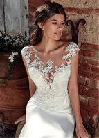 Customized Scoop Short Sleeve Lace Appliques Mermaid Wedding Dresses Natural Slim Buttons Back Women Bride Gown Illusion Vestido 2