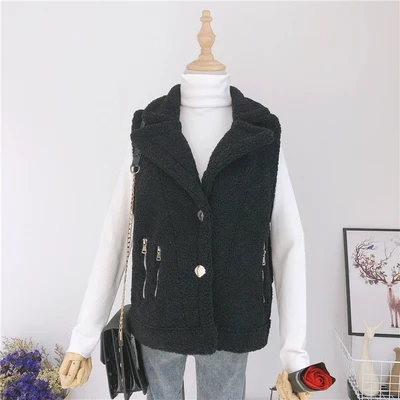 Black Autumn Winter Women Vest Coat Faux Lambswool Waistcoat Single Breasted Zipper Sleeveless Jacket Female Thick Warm Vest Jackets - Цвет: Black