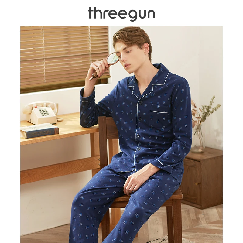 THREEGUN пижамный комплект для мужчин хлопок Осень зима принты длинные рукава брюки